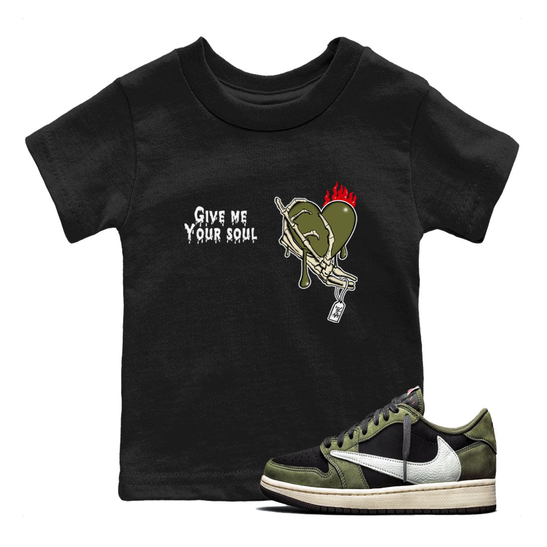 1s Travis Scott Medium Olive shirts to match jordans Give Me Your Soul unique Halloween sneaker tee Air Jordan 1 Travis Scott Medium Olive SNRT Sneaker Release Tees Youth Baby Black 1 crew neck shirts