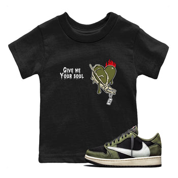 1s Travis Scott Medium Olive shirts to match jordans Give Me Your Soul unique Halloween sneaker tee Air Jordan 1 Travis Scott Medium Olive SNRT Sneaker Release Tees Youth Baby Black 1 crew neck shirts