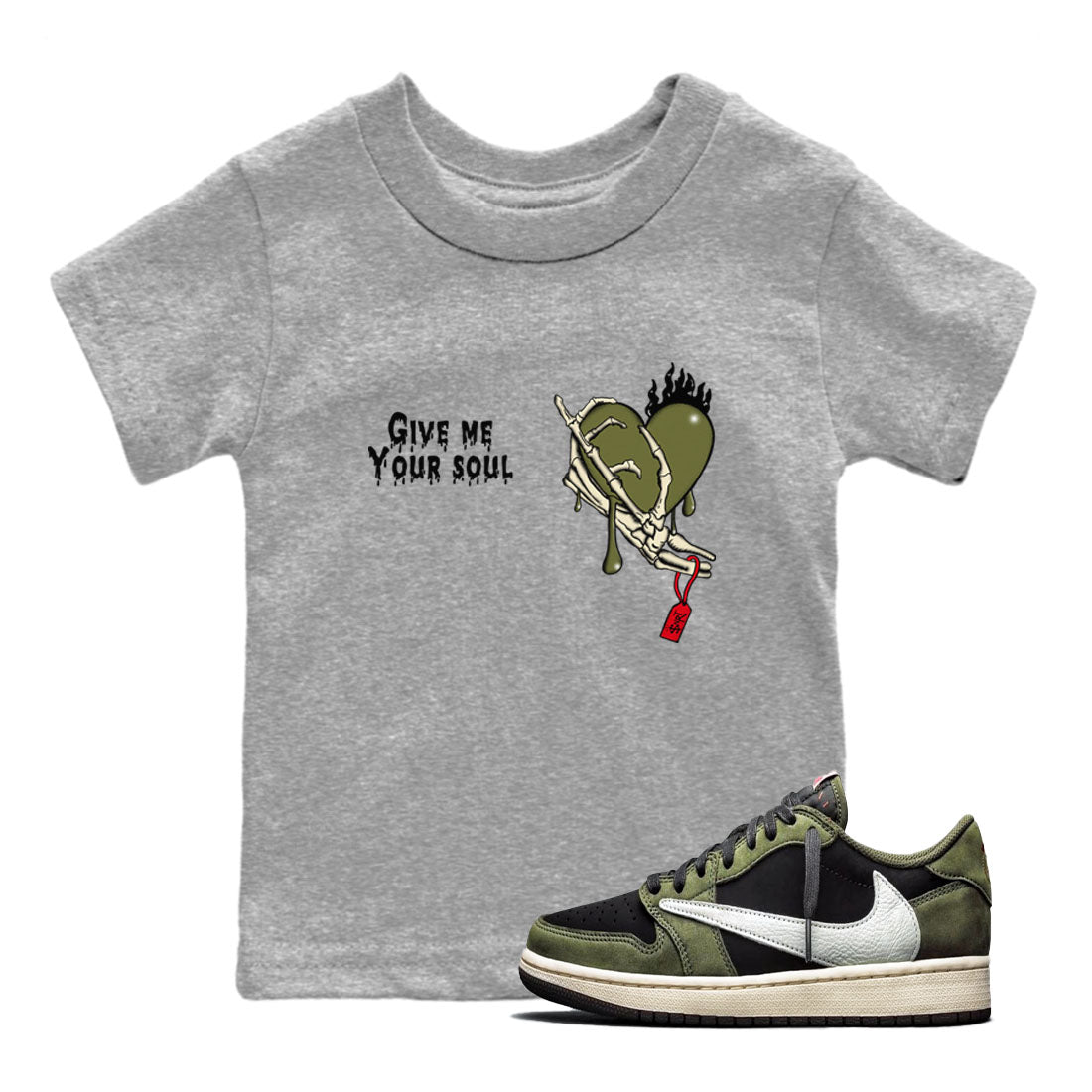 1s Travis Scott Medium Olive shirts to match jordans Give Me Your Soul unique Halloween sneaker tee Air Jordan 1 Travis Scott Medium Olive SNRT Sneaker Release Tees Youth Baby Heather Grey 1 crew neck shirts