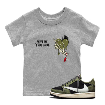 1s Travis Scott Medium Olive shirts to match jordans Give Me Your Soul unique Halloween sneaker tee Air Jordan 1 Travis Scott Medium Olive SNRT Sneaker Release Tees Youth Baby Heather Grey 1 crew neck shirts