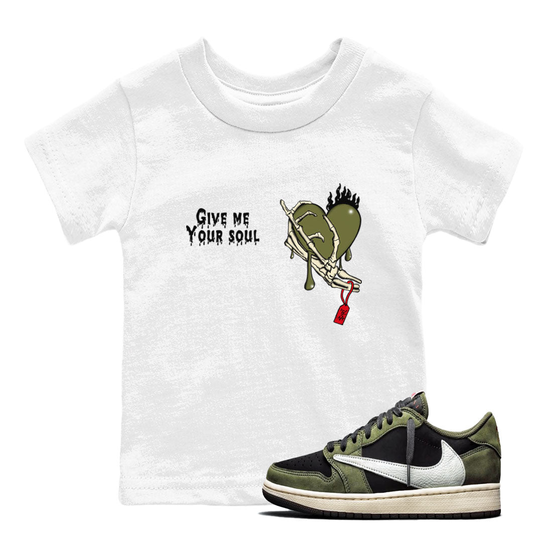 1s Travis Scott Medium Olive shirts to match jordans Give Me Your Soul unique Halloween sneaker tee Air Jordan 1 Travis Scott Medium Olive SNRT Sneaker Release Tees Youth Baby White 1 crew neck shirts
