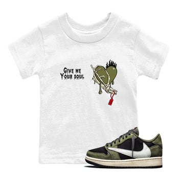 1s Travis Scott Medium Olive shirts to match jordans Give Me Your Soul unique Halloween sneaker tee Air Jordan 1 Travis Scott Medium Olive SNRT Sneaker Release Tees Youth Baby White 1 crew neck shirts