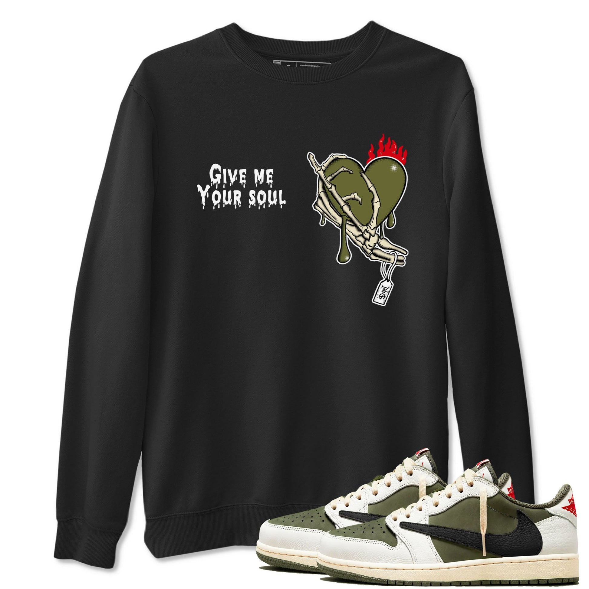 1s Travis Scott Medium Olive shirts to match jordans Give Me Your Soul unique Halloween sneaker tee Air Jordan 1 Travis Scott Medium Olive SNRT Sneaker Release Tees unisex cotton Black 1 crew neck shirts