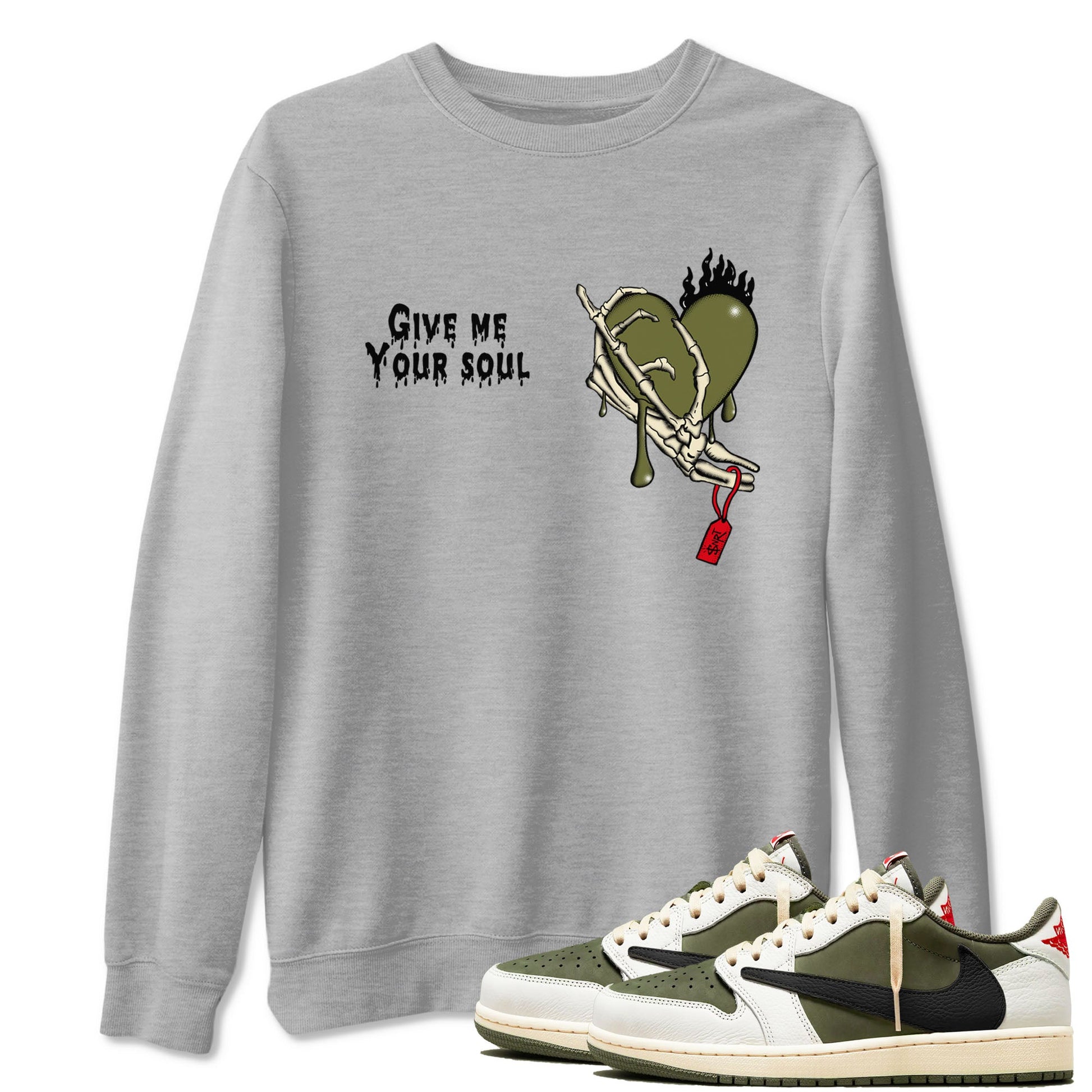 1s Travis Scott Medium Olive shirts to match jordans Give Me Your Soul unique Halloween sneaker tee Air Jordan 1 Travis Scott Medium Olive SNRT Sneaker Release Tees unisex cotton Heather Grey 1 crew neck shirts