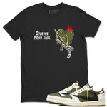 1s Travis Scott Medium Olive shirts to match jordans Give Me Your Soul unique Halloween sneaker tee Air Jordan 1 Travis Scott Medium Olive SNRT Sneaker Release Tees unisex cotton Black 1 crew neck shirts