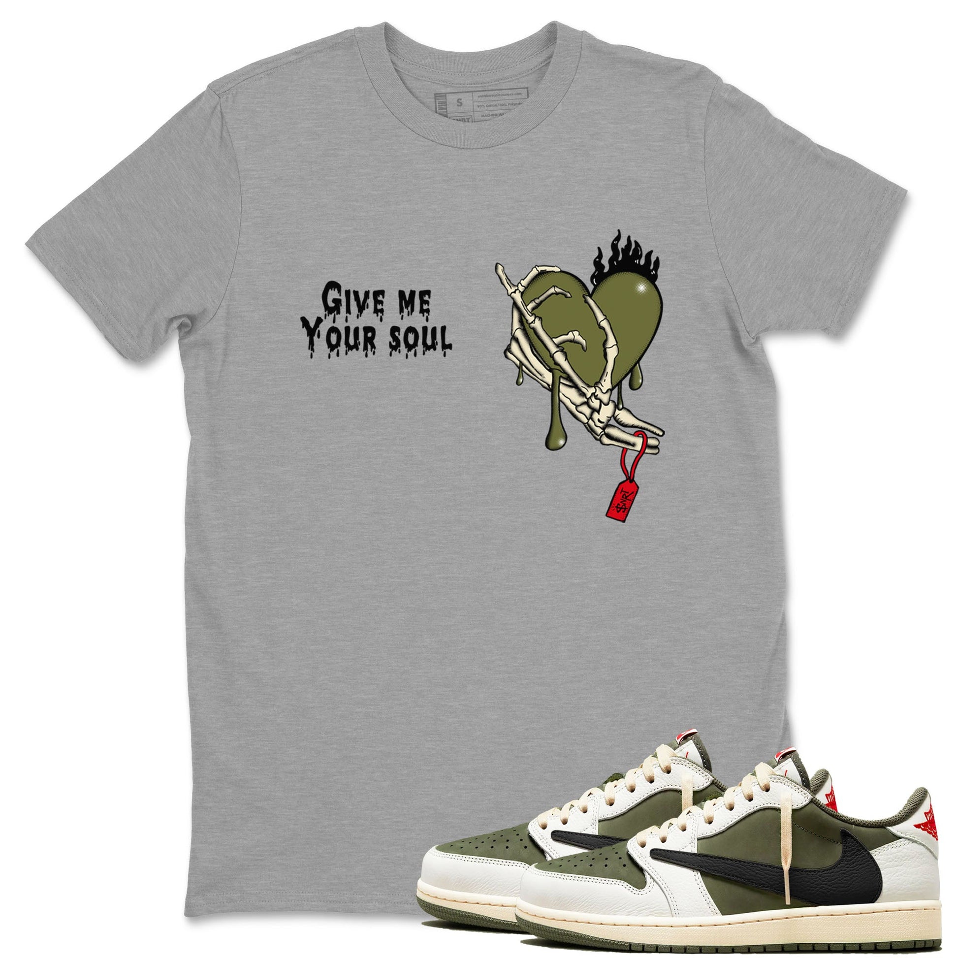 1s Travis Scott Medium Olive shirts to match jordans Give Me Your Soul unique Halloween sneaker tee Air Jordan 1 Travis Scott Medium Olive SNRT Sneaker Release Tees unisex cotton Heather Grey 1 crew neck shirts