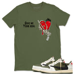 1s Travis Scott Medium Olive shirts to match jordans Give Me Your Soul unique Halloween sneaker tee Air Jordan 1 Travis Scott Medium Olive SNRT Sneaker Release Tees unisex cotton Military Green 1 crew neck shirts