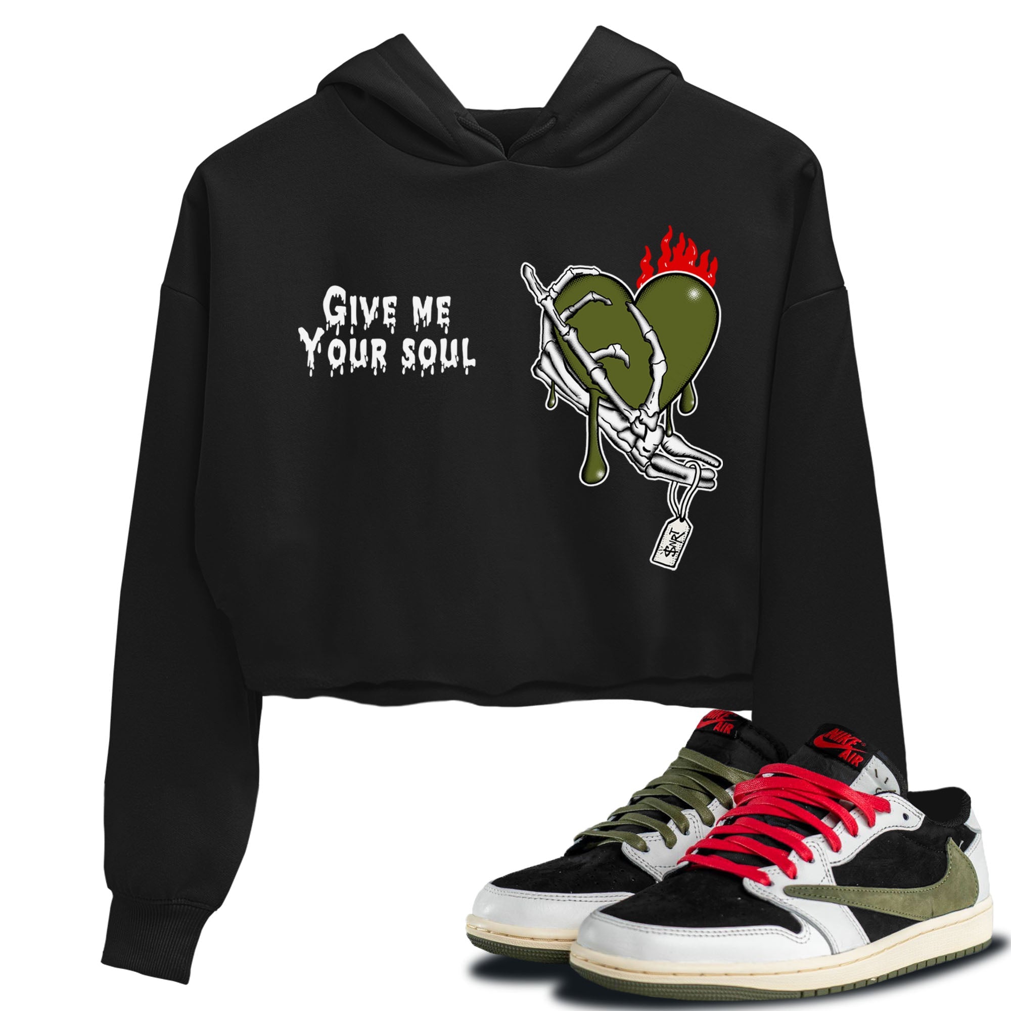 1s Travis Scott Olive shirts to match jordans Give Me Your Soul unique Halloween sneaker tee Air Jordan 1 Travis Scott Olive SNRT Sneaker Release Tees unisex cotton Black 1 Crop Shirts