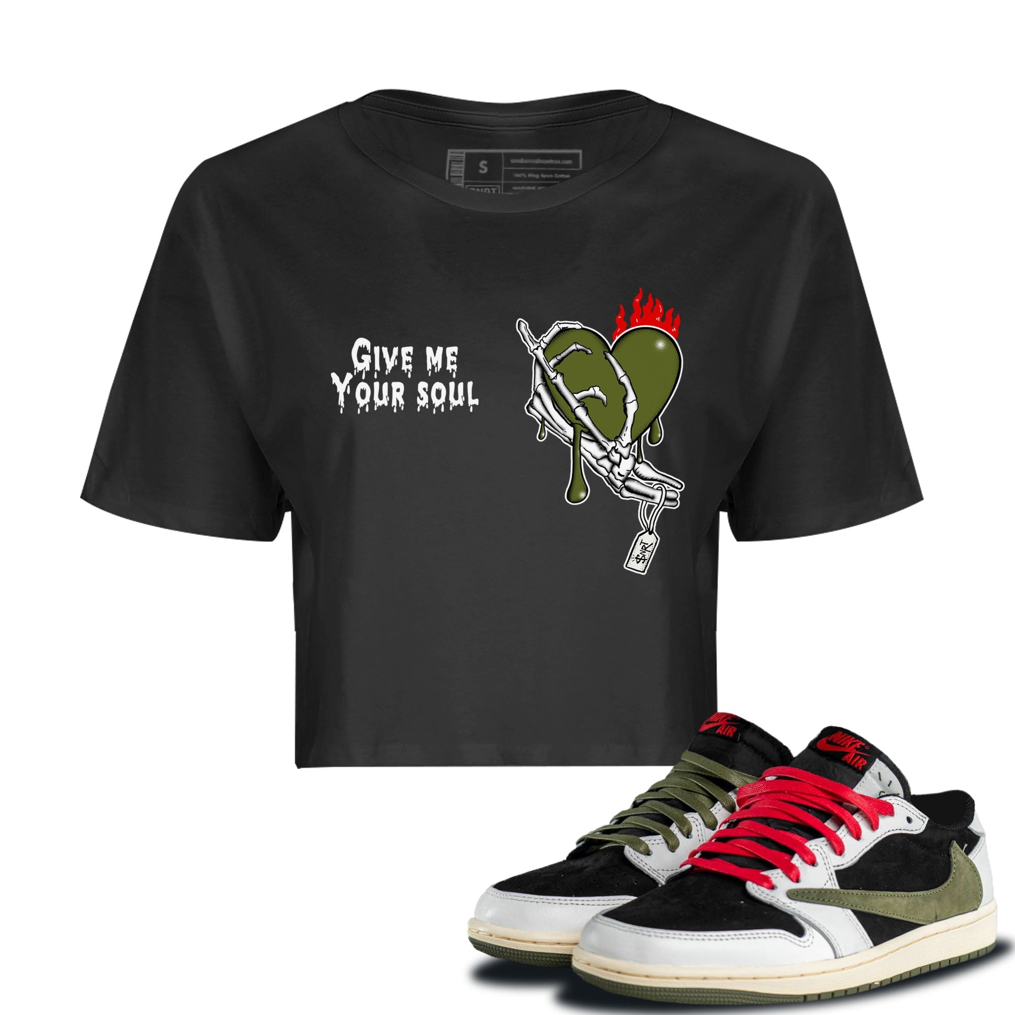 1s Travis Scott Olive shirts to match jordans Give Me Your Soul unique Halloween sneaker tee Air Jordan 1 Travis Scott Olive SNRT Sneaker Release Tees unisex cotton Black 1 Crop Shirts