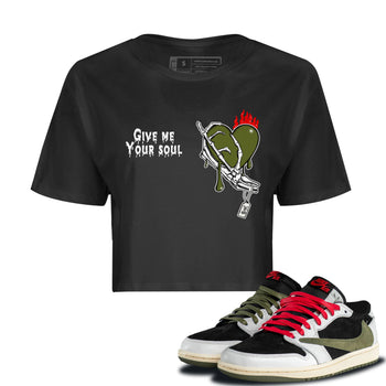 1s Travis Scott Olive shirts to match jordans Give Me Your Soul unique Halloween sneaker tee Air Jordan 1 Travis Scott Olive SNRT Sneaker Release Tees unisex cotton Black 1 Crop Shirts