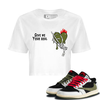 1s Travis Scott Olive shirts to match jordans Give Me Your Soul unique Halloween sneaker tee Air Jordan 1 Travis Scott Olive SNRT Sneaker Release Tees unisex cotton White 1 Crop Shirts