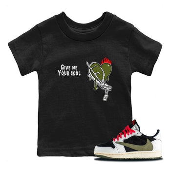 1s Travis Scott Olive shirts to match jordans Give Me Your Soul unique Halloween sneaker tee Air Jordan 1 Travis Scott Olive SNRT Sneaker Release Tees Youth Baby Black 1 crew neck shirts