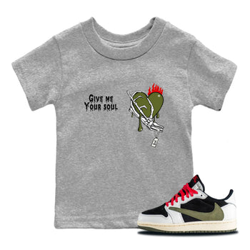 1s Travis Scott Olive shirts to match jordans Give Me Your Soul unique Halloween sneaker tee Air Jordan 1 Travis Scott Olive SNRT Sneaker Release Tees Youth Baby Heather Grey 1 crew neck shirts