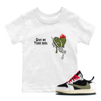 1s Travis Scott Olive shirts to match jordans Give Me Your Soul unique Halloween sneaker tee Air Jordan 1 Travis Scott Olive SNRT Sneaker Release Tees Youth Baby White 1 crew neck shirts