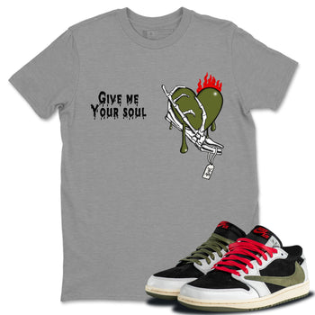 1s Travis Scott Olive shirts to match jordans Give Me Your Soul unique Halloween sneaker tee Air Jordan 1 Travis Scott Olive SNRT Sneaker Release Tees unisex cotton Heather Grey 1 crew neck shirts