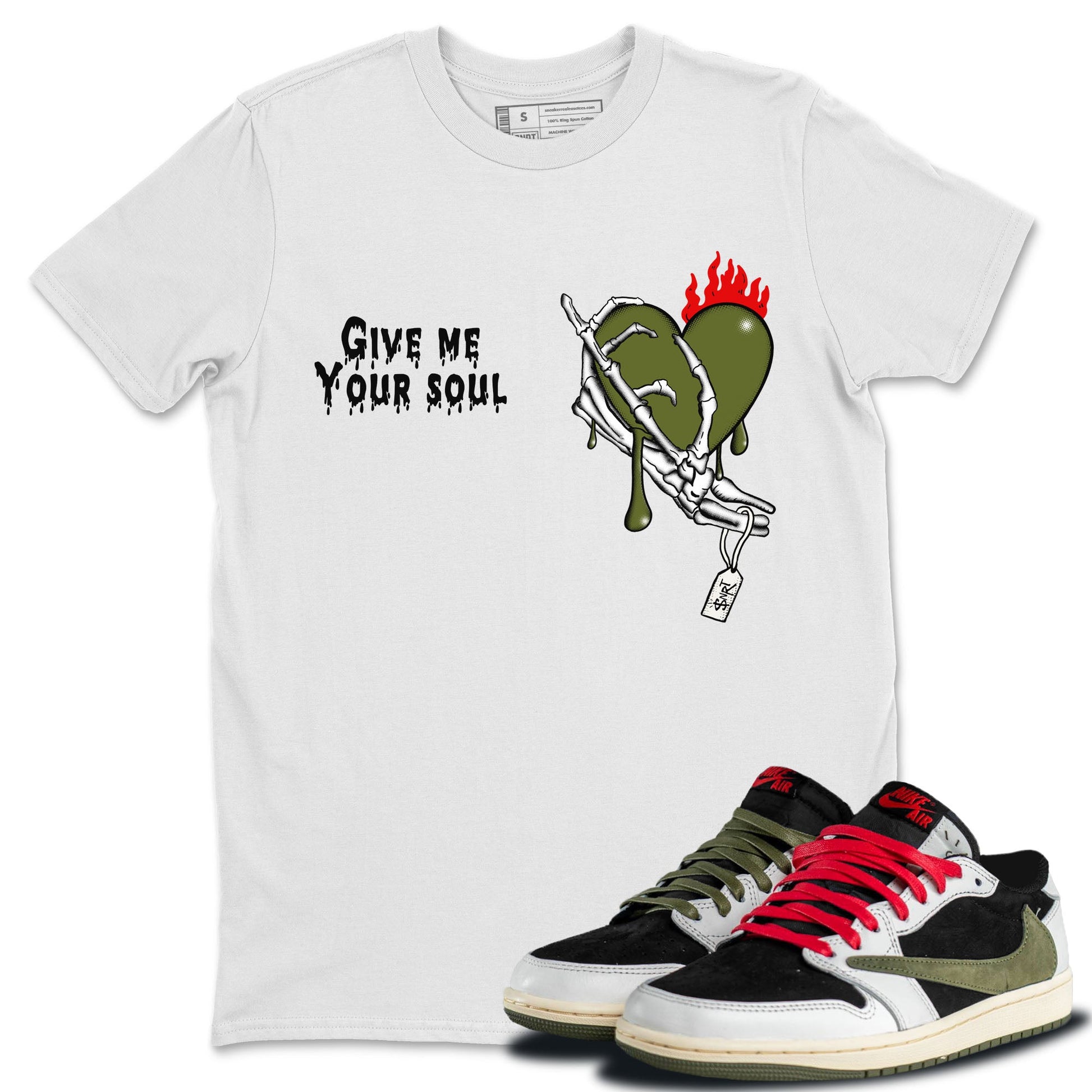 1s Travis Scott Olive shirts to match jordans Give Me Your Soul unique Halloween sneaker tee Air Jordan 1 Travis Scott Olive SNRT Sneaker Release Tees unisex cotton White 1 crew neck shirts