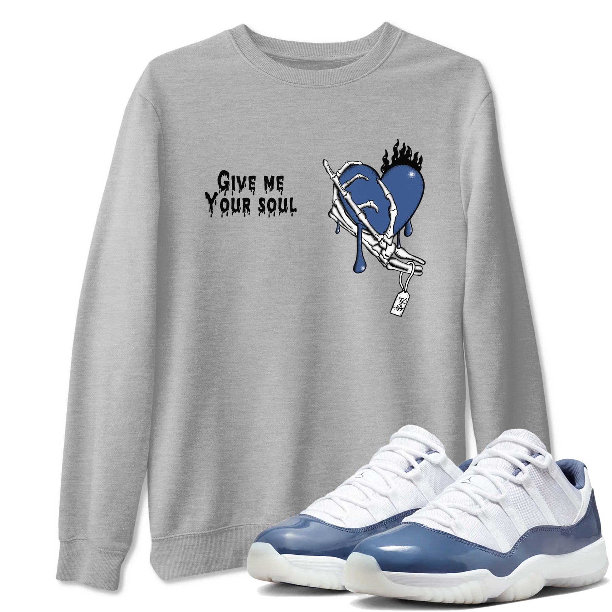 11s Diffused Blue shirts to match jordans Give Me Your Soul unique Halloween sneaker tee Air Jordan 11 Diffused Blue SNRT Sneaker Release Tees unisex cotton Heather Grey 1 crew neck shirts