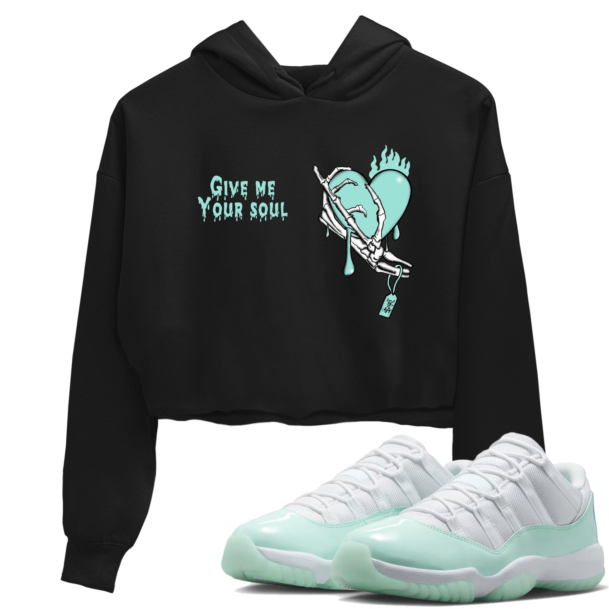 Give Me Your Soul womens crop tee made to vibe with the Air Jordan 11 Igloo sneakers — the perfect match in Black 1.