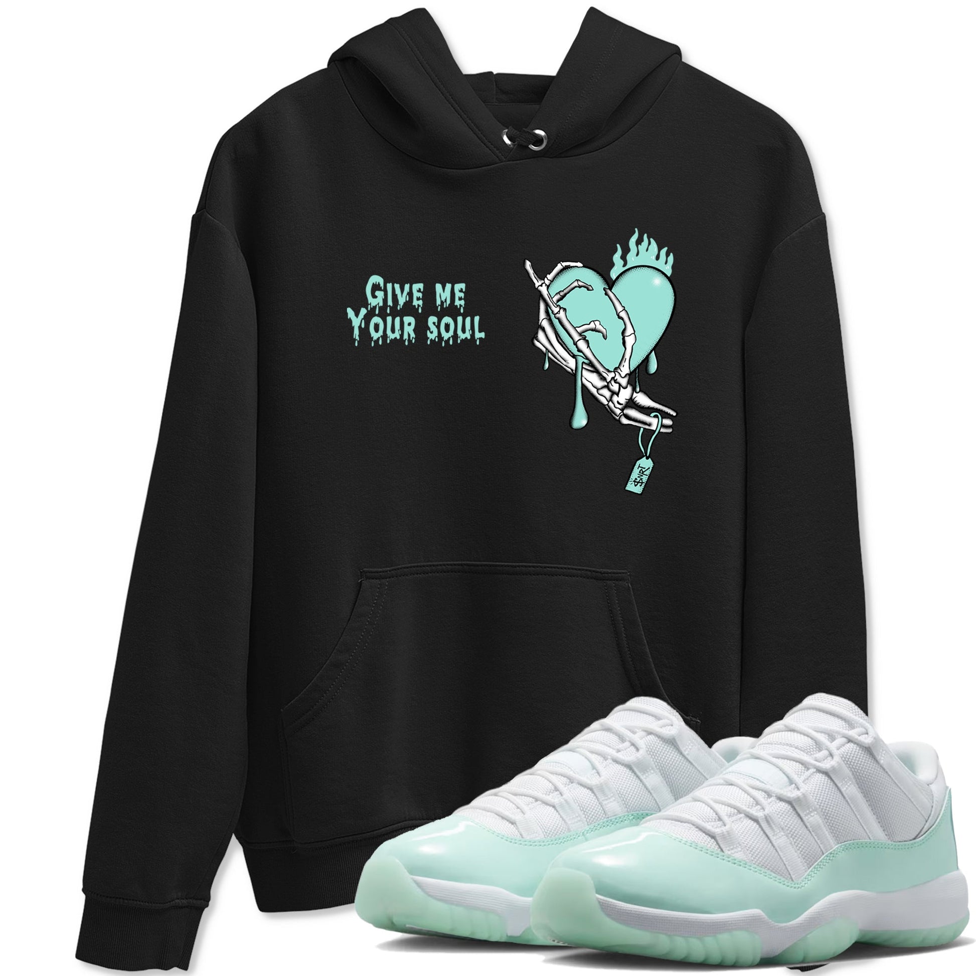 Give Me Your Soul sneaker match t-shirt styled to complete your fit with the Air Jordan 11 Igloo sneakers, shown in Black 1.