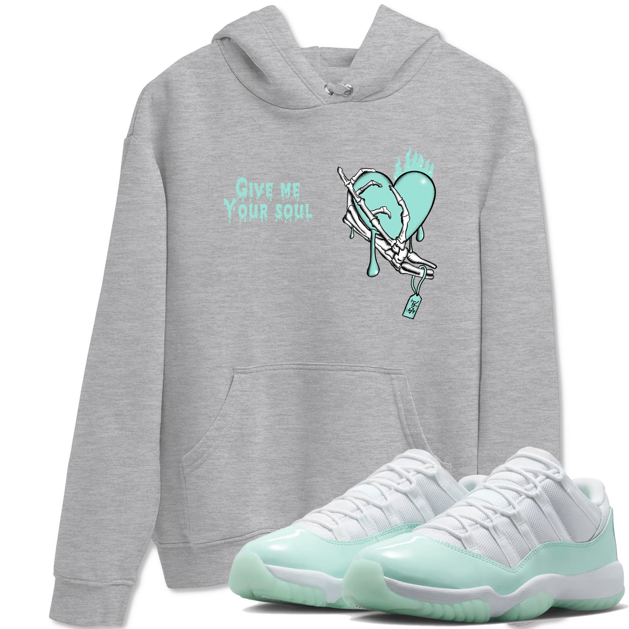 Give Me Your Soul sneaker match t-shirt styled to complete your fit with the Air Jordan 11 Igloo sneakers, shown in Heather Grey 1.