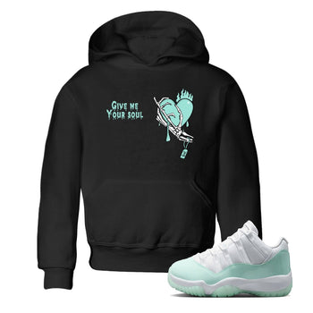Give Me Your Soul baby and kids t-shirt crafted for little sneakerheads to shine with the Air Jordan 11 Igloo sneakers, displayed in Black 1.