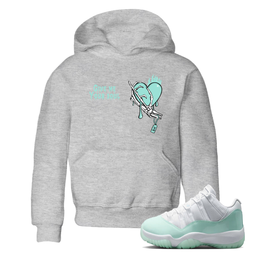 Give Me Your Soul baby and kids t-shirt crafted for little sneakerheads to shine with the Air Jordan 11 Igloo sneakers, displayed in Heather Grey 1.