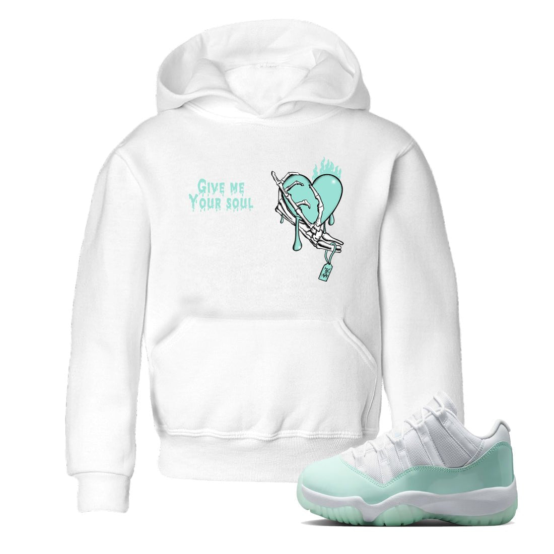 Give Me Your Soul baby and kids t-shirt crafted for little sneakerheads to shine with the Air Jordan 11 Igloo sneakers, displayed in White 1.