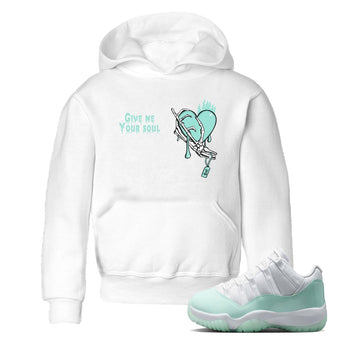 Give Me Your Soul baby and kids t-shirt crafted for little sneakerheads to shine with the Air Jordan 11 Igloo sneakers, displayed in White 1.