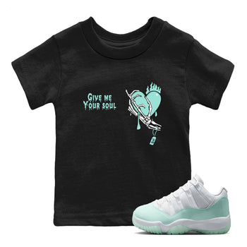 Give Me Your Soul baby and kids t-shirt crafted for little sneakerheads to shine with the Air Jordan 11 Igloo sneakers, displayed in Black 1.