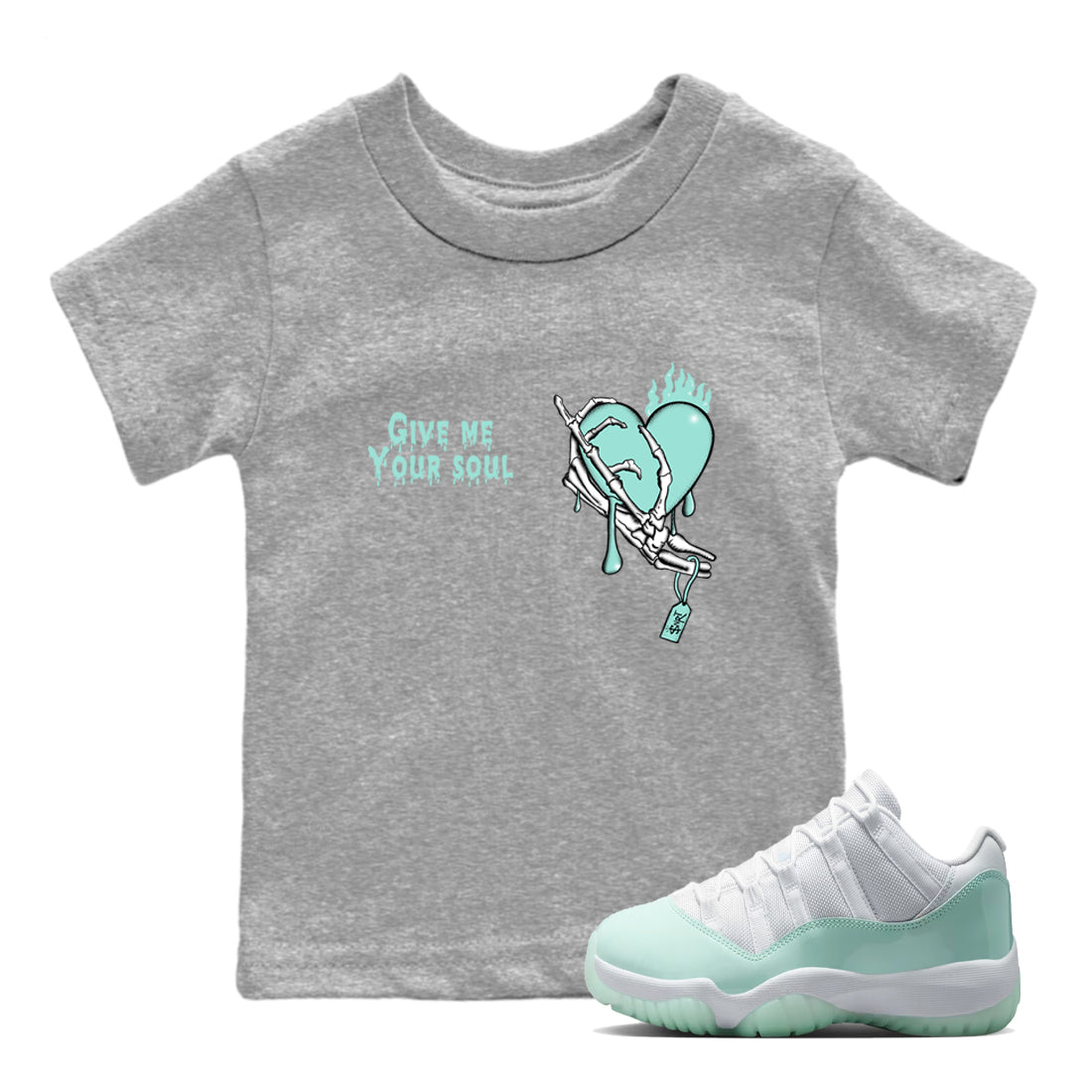 Give Me Your Soul baby and kids t-shirt crafted for little sneakerheads to shine with the Air Jordan 11 Igloo sneakers, displayed in Heather Grey 1.