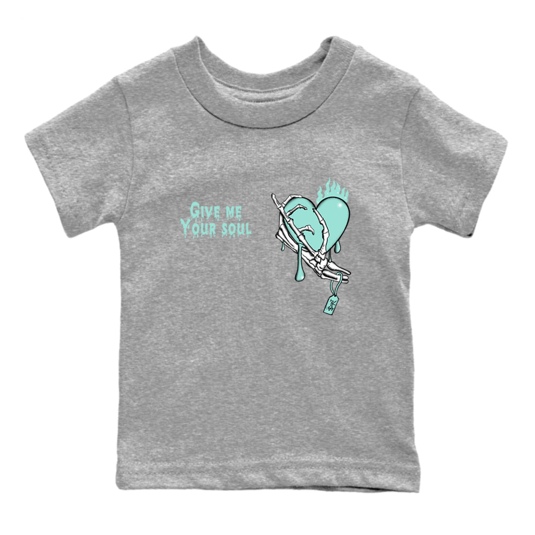 Give Me Your Soul baby and kids t-shirt crafted for little sneakerheads to shine with the Air Jordan 11 Igloo sneakers, displayed in Heather Grey 2.