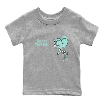 Give Me Your Soul baby and kids t-shirt crafted for little sneakerheads to shine with the Air Jordan 11 Igloo sneakers, displayed in Heather Grey 2.