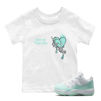 Give Me Your Soul baby and kids t-shirt crafted for little sneakerheads to shine with the Air Jordan 11 Igloo sneakers, displayed in White 1.