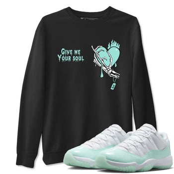 Give Me Your Soul sneaker match t-shirt styled to complete your fit with the Air Jordan 11 Igloo sneakers, shown in Black 1.