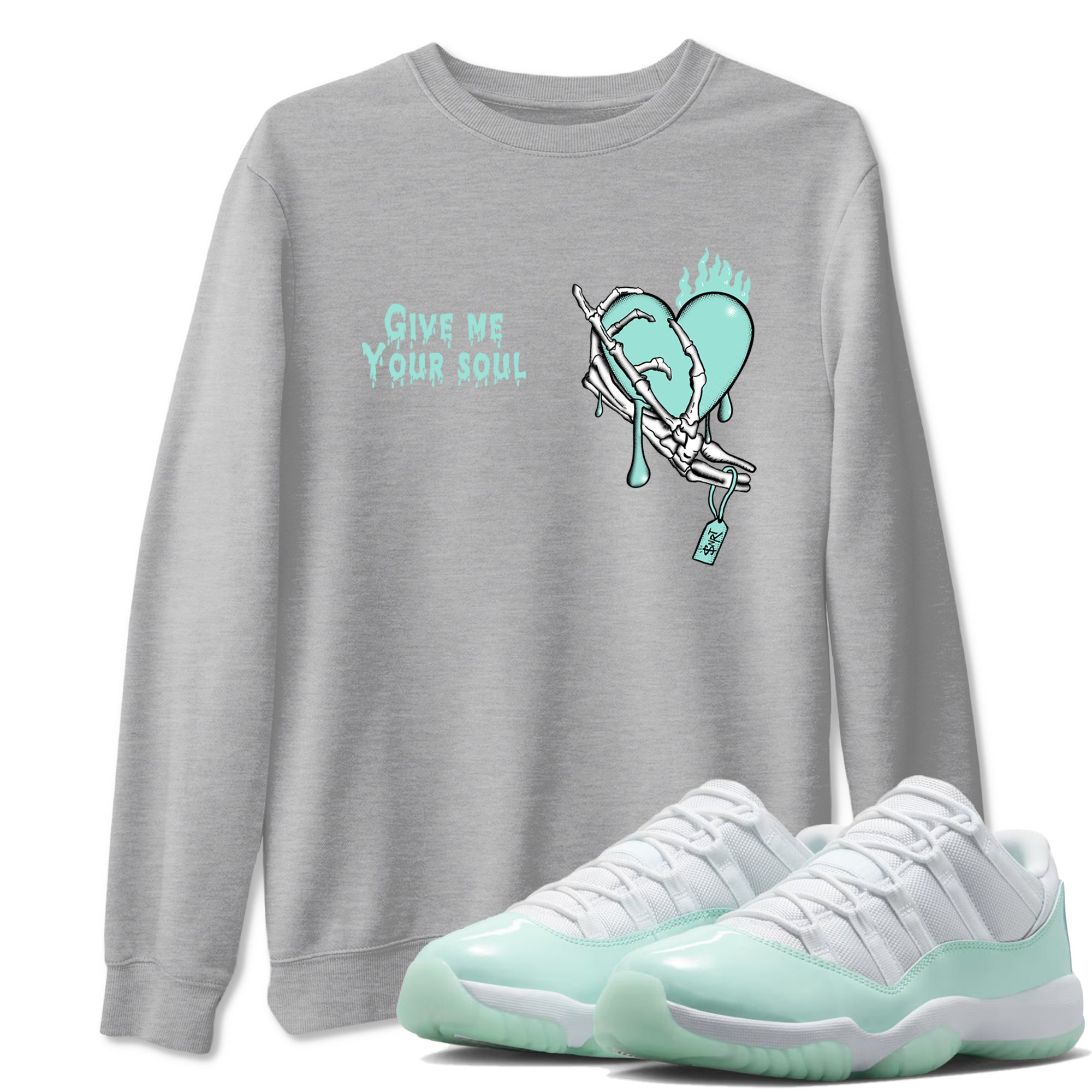 Give Me Your Soul sneaker match t-shirt styled to complete your fit with the Air Jordan 11 Igloo sneakers, shown in Heather Grey 1.