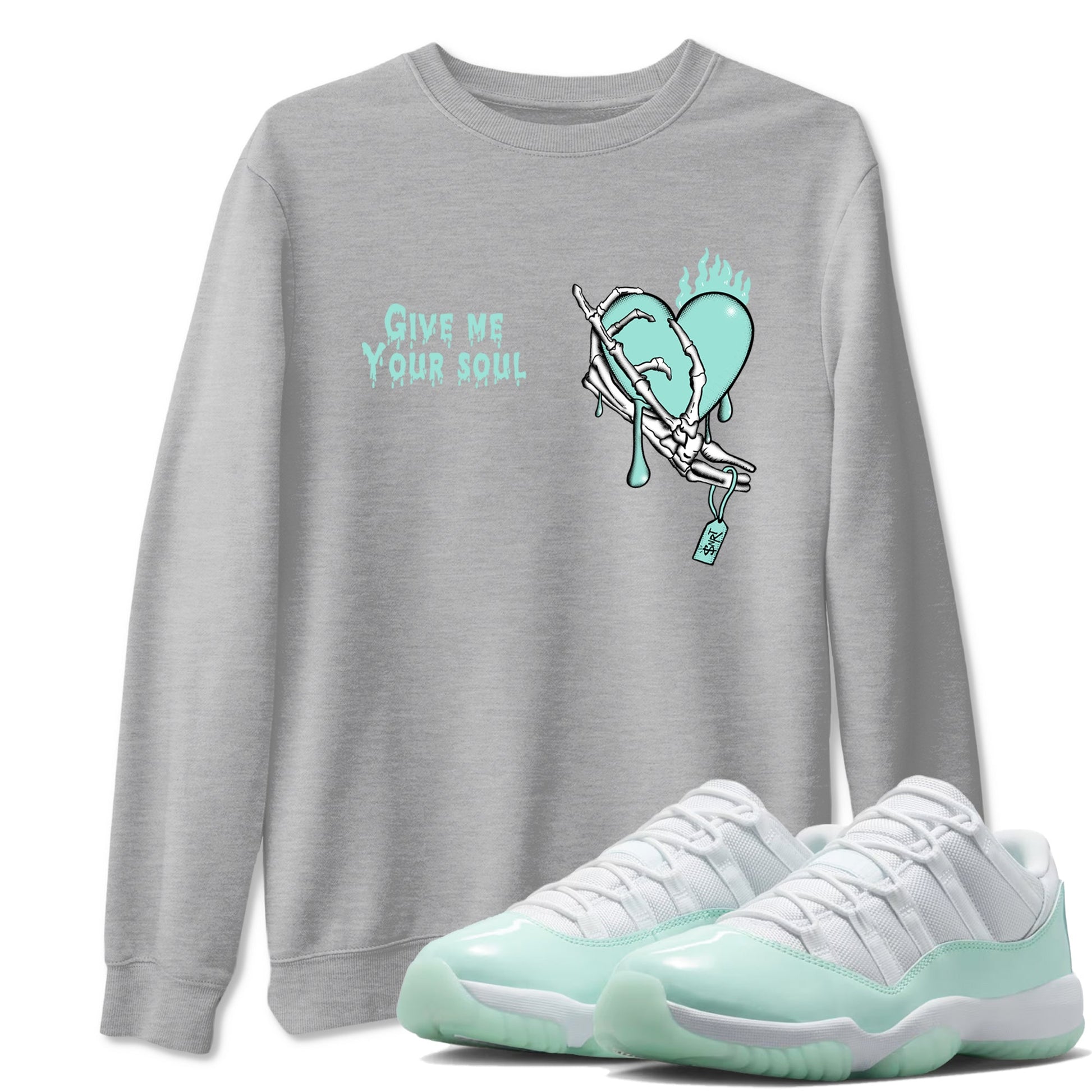 Give Me Your Soul sneaker match t-shirt styled to complete your fit with the Air Jordan 11 Igloo sneakers, shown in Heather Grey 1.