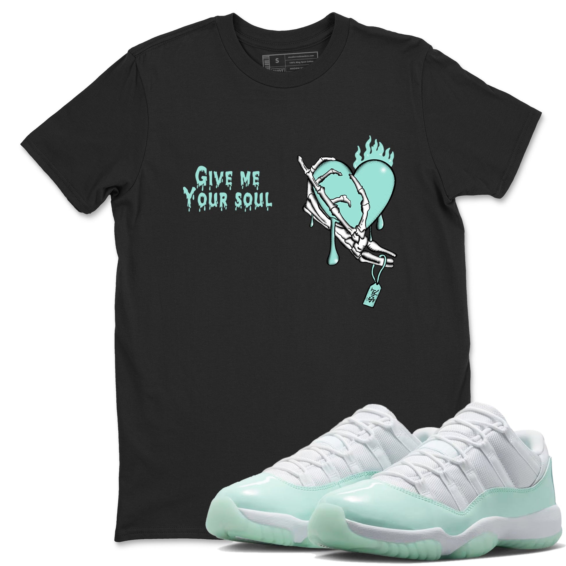 Give Me Your Soul sneaker match t-shirt styled to complete your fit with the Air Jordan 11 Igloo sneakers, shown in Black 1.
