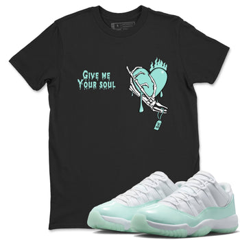 Give Me Your Soul sneaker match t-shirt styled to complete your fit with the Air Jordan 11 Igloo sneakers, shown in Black 1.