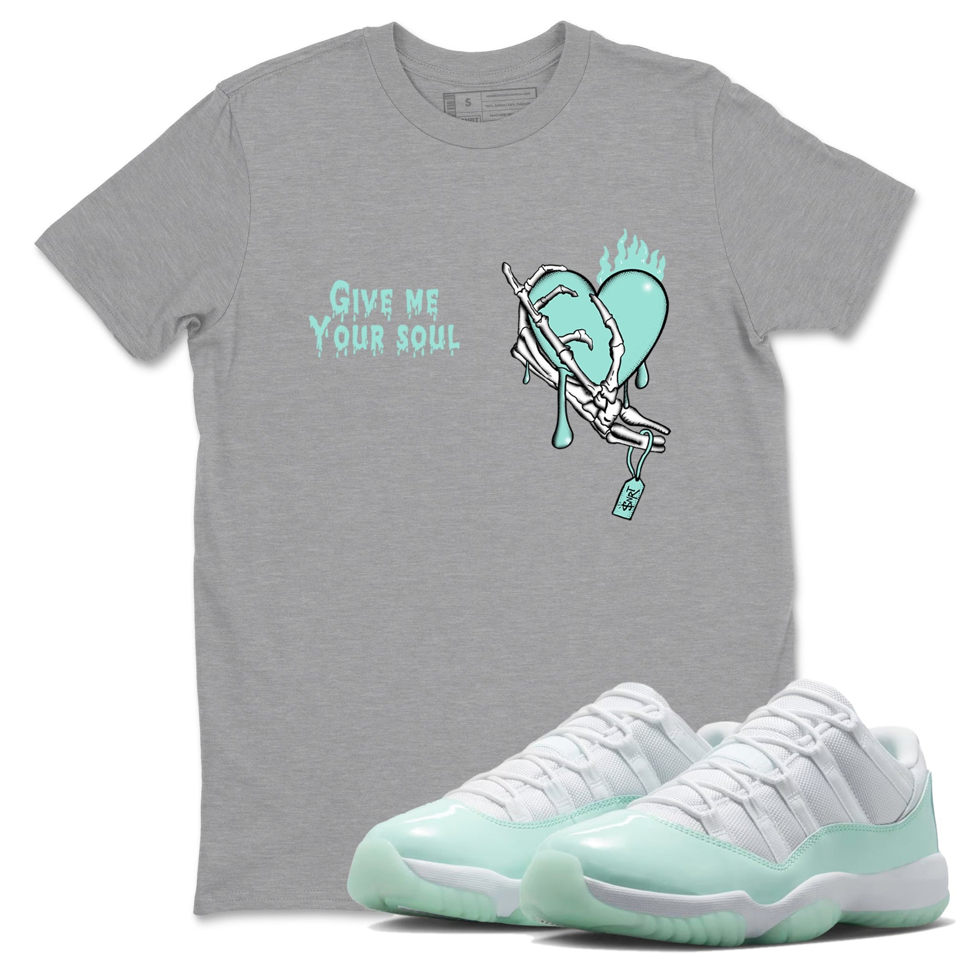 Give Me Your Soul sneaker match t-shirt styled to complete your fit with the Air Jordan 11 Igloo sneakers, shown in Heather Grey 1.