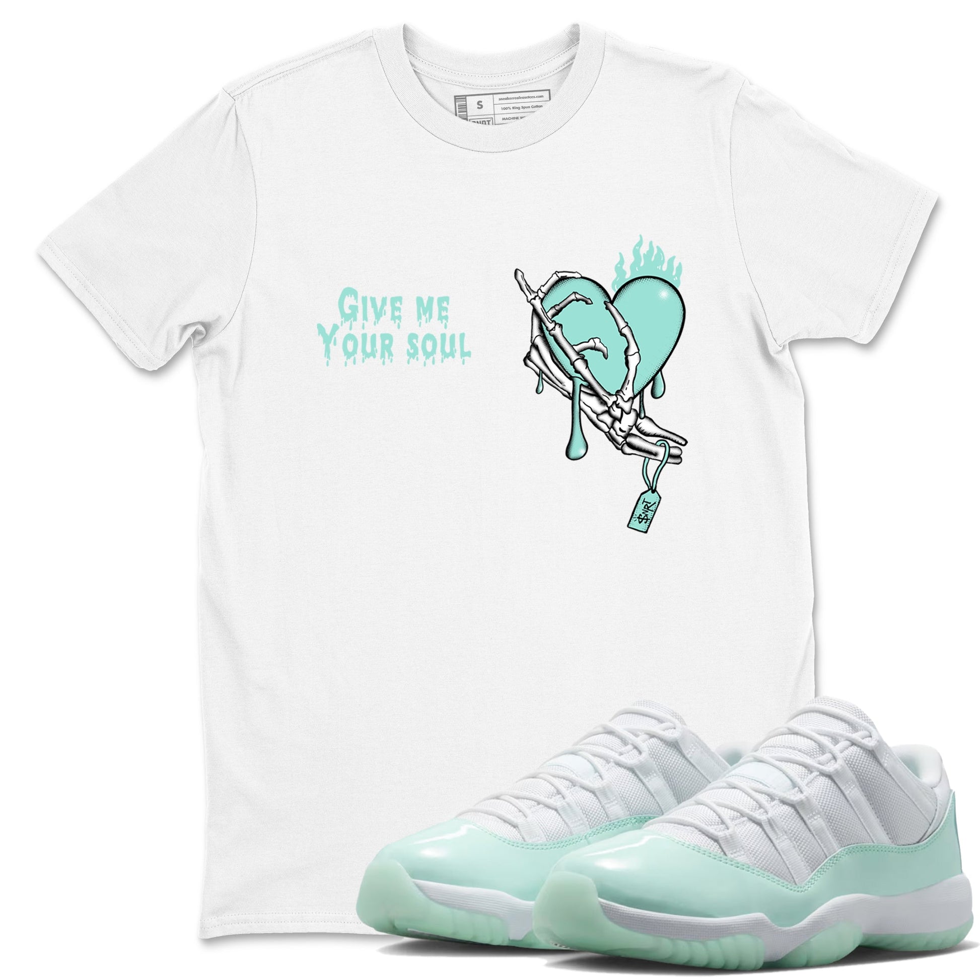 Give Me Your Soul sneaker match t-shirt styled to complete your fit with the Air Jordan 11 Igloo sneakers, shown in White 1.