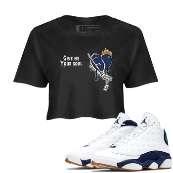 13s Midnight Navy shirts to match jordans Give Me Your Soul unique Halloween sneaker tee Air Jordan 13 Midnight Navy SNRT Sneaker Release Tees unisex cotton Black 1 Crop Shirts