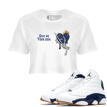 13s Midnight Navy shirts to match jordans Give Me Your Soul unique Halloween sneaker tee Air Jordan 13 Midnight Navy SNRT Sneaker Release Tees unisex cotton White 1 Crop Shirts