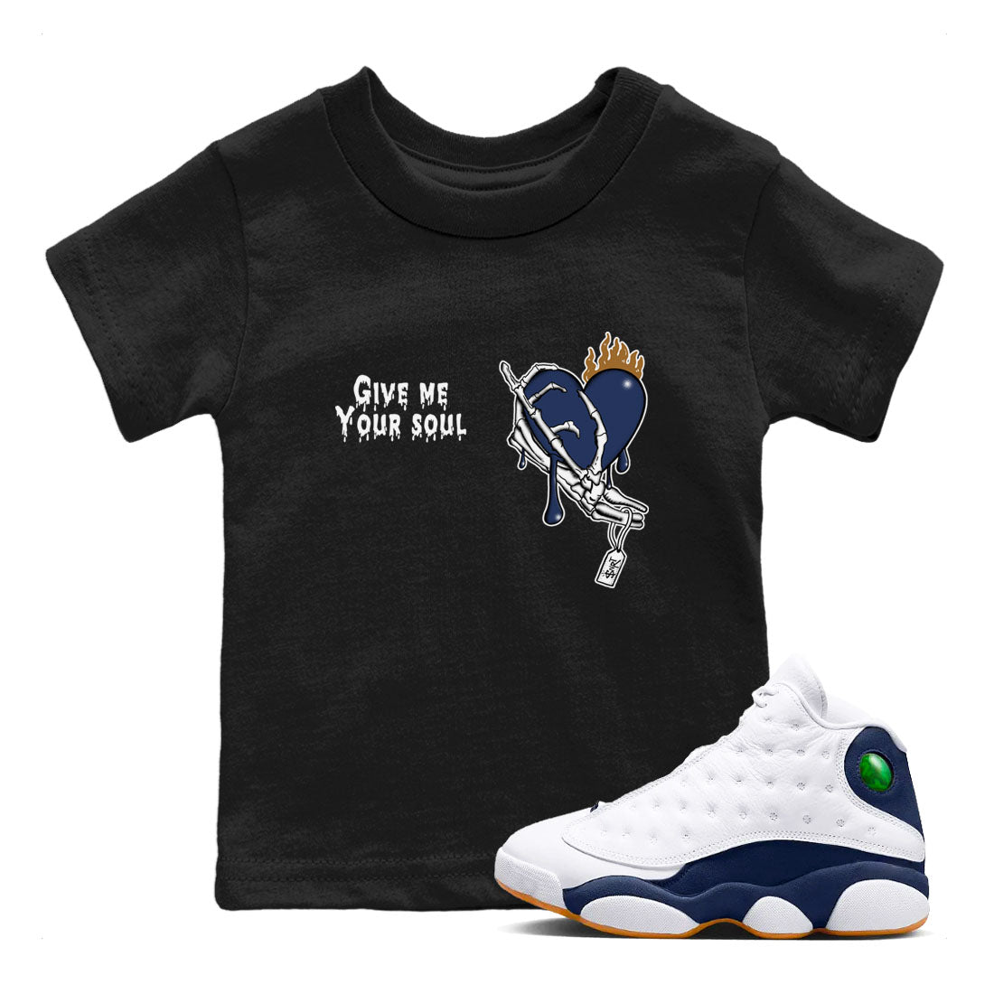 13s Midnight Navy shirts to match jordans Give Me Your Soul unique Halloween sneaker tee Air Jordan 13 Midnight Navy SNRT Sneaker Release Tees Youth Baby Black 1 crew neck shirts