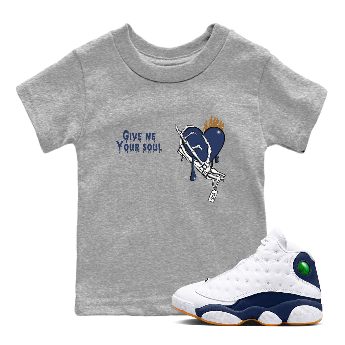 13s Midnight Navy shirts to match jordans Give Me Your Soul unique Halloween sneaker tee Air Jordan 13 Midnight Navy SNRT Sneaker Release Tees Youth Baby Heather Grey 1 crew neck shirts