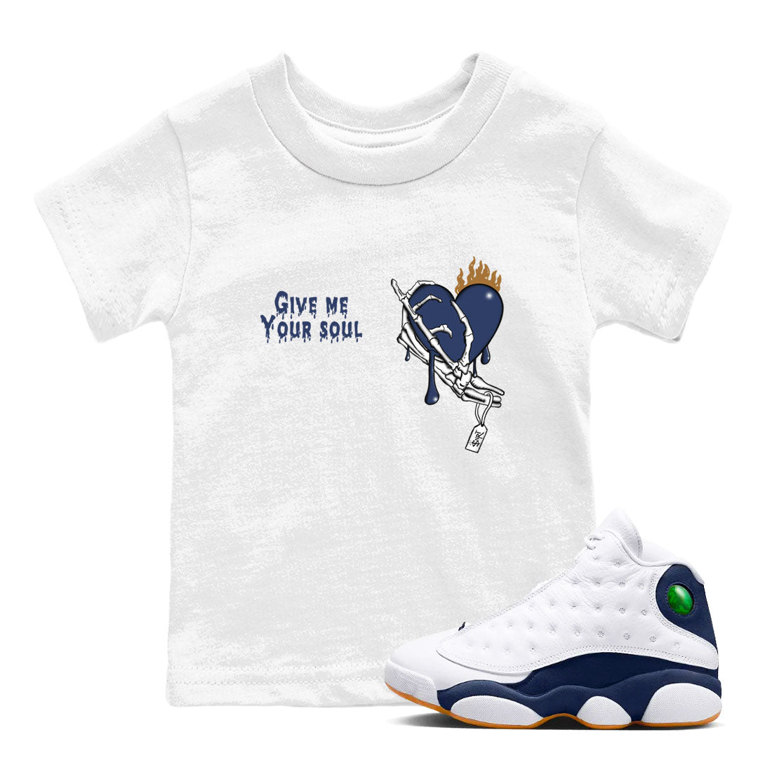 13s Midnight Navy shirts to match jordans Give Me Your Soul unique Halloween sneaker tee Air Jordan 13 Midnight Navy SNRT Sneaker Release Tees Youth Baby White 1 crew neck shirts