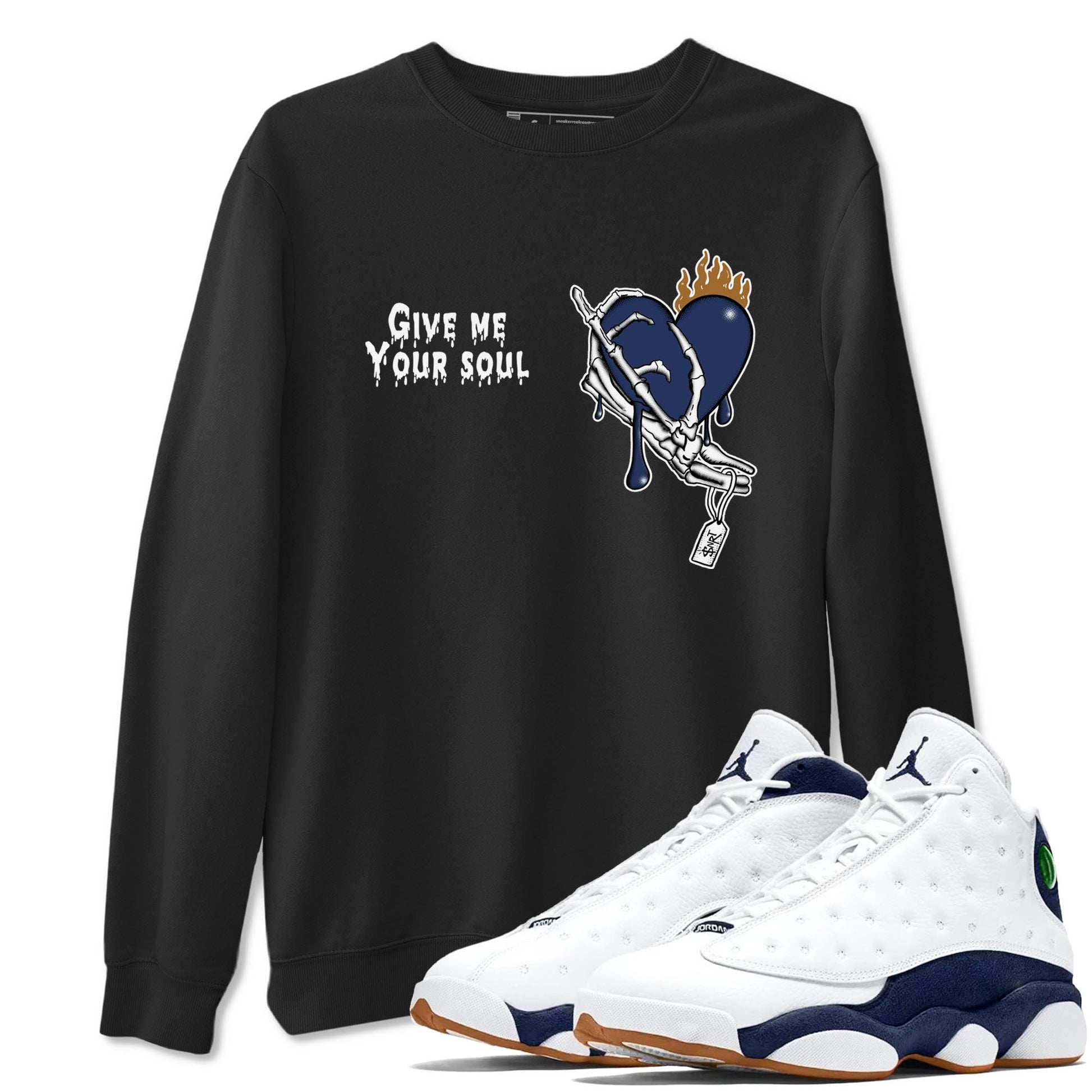 13s Midnight Navy shirts to match jordans Give Me Your Soul unique Halloween sneaker tee Air Jordan 13 Midnight Navy SNRT Sneaker Release Tees unisex cotton Black 1 crew neck shirts
