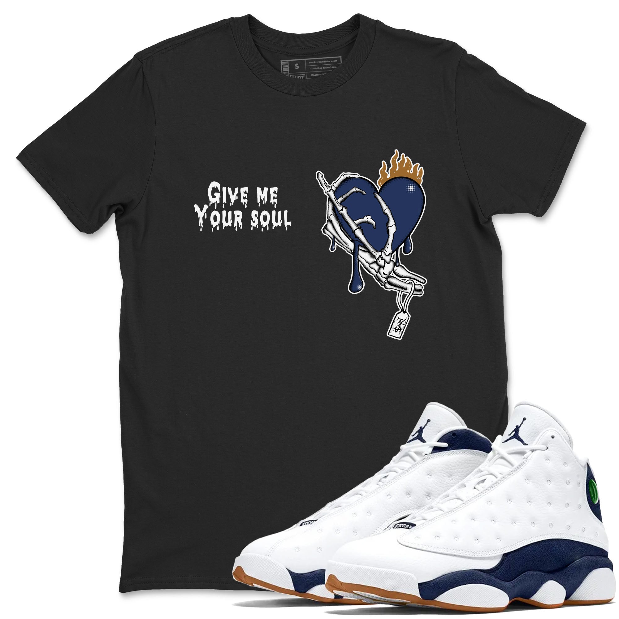13s Midnight Navy shirts to match jordans Give Me Your Soul unique Halloween sneaker tee Air Jordan 13 Midnight Navy SNRT Sneaker Release Tees unisex cotton Black 1 crew neck shirts
