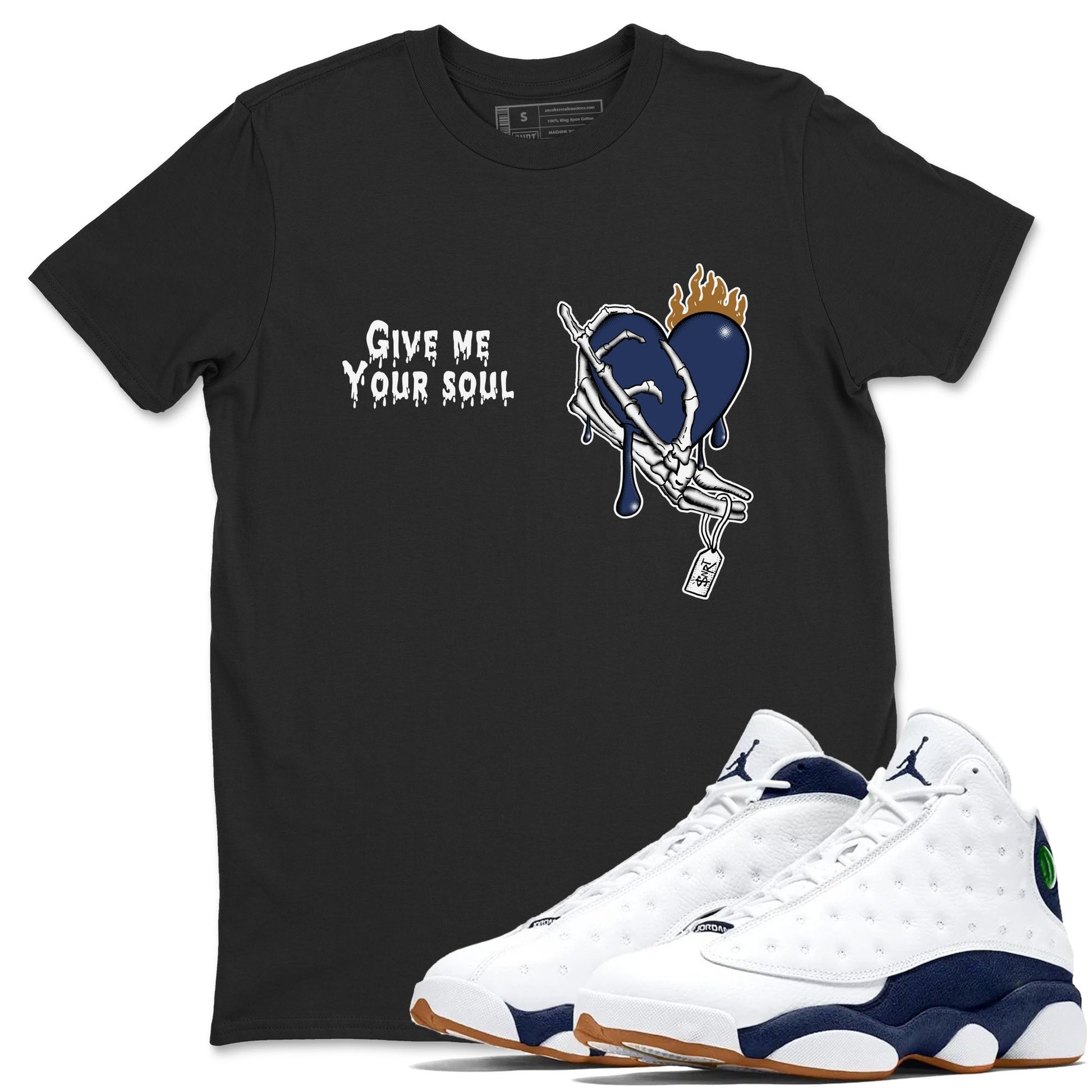 13s Midnight Navy shirts to match jordans Give Me Your Soul unique Halloween sneaker tee Air Jordan 13 Midnight Navy SNRT Sneaker Release Tees unisex cotton Black 1 crew neck shirts