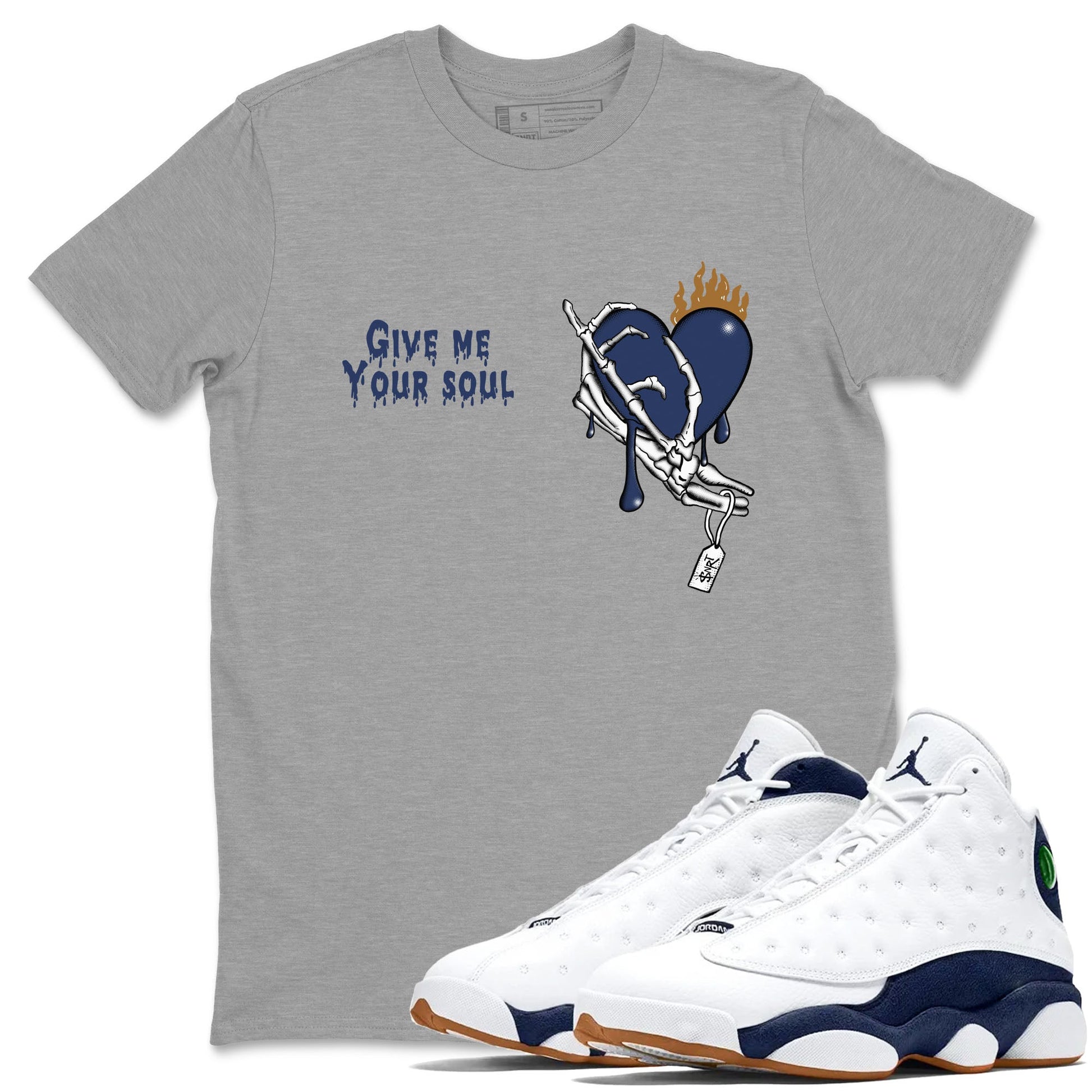 13s Midnight Navy shirts to match jordans Give Me Your Soul unique Halloween sneaker tee Air Jordan 13 Midnight Navy SNRT Sneaker Release Tees unisex cotton Heather Grey 1 crew neck shirts