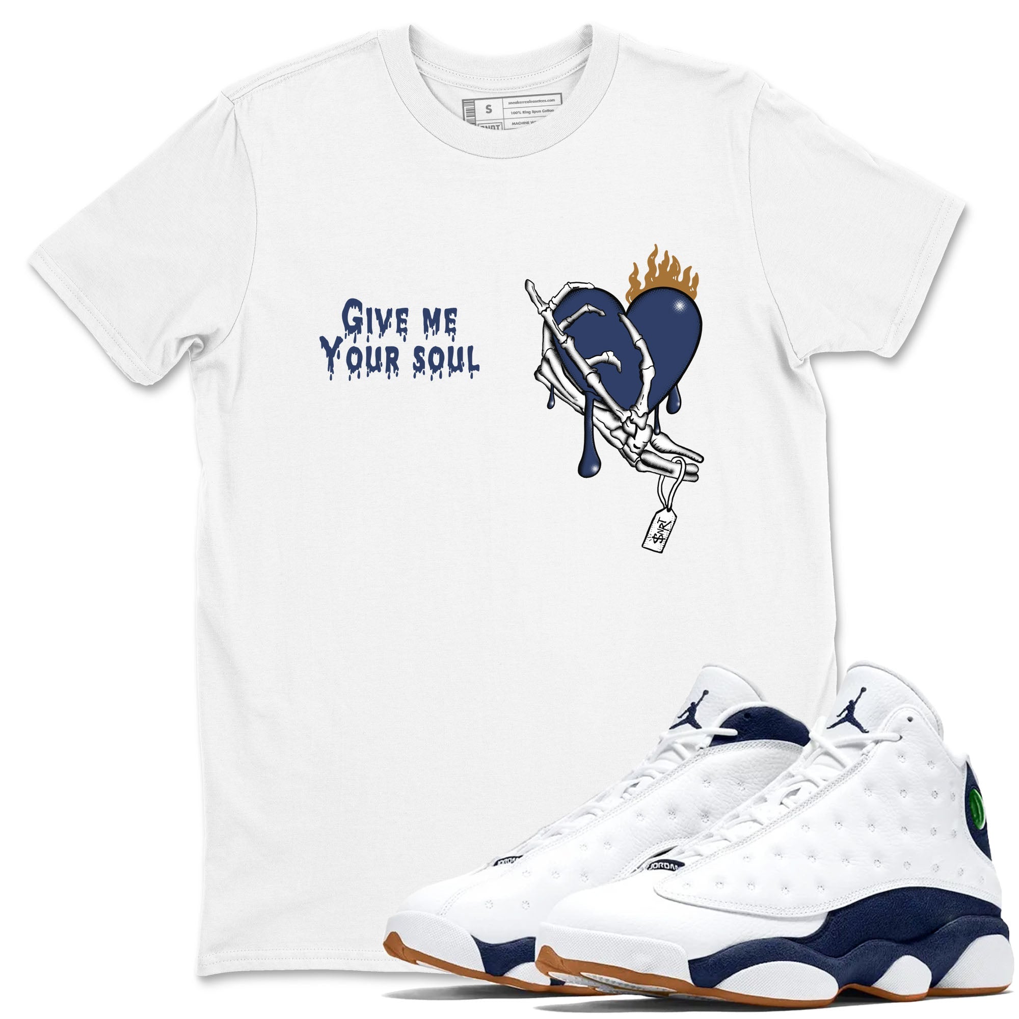 13s Midnight Navy shirts to match jordans Give Me Your Soul unique Halloween sneaker tee Air Jordan 13 Midnight Navy SNRT Sneaker Release Tees unisex cotton White 1 crew neck shirts
